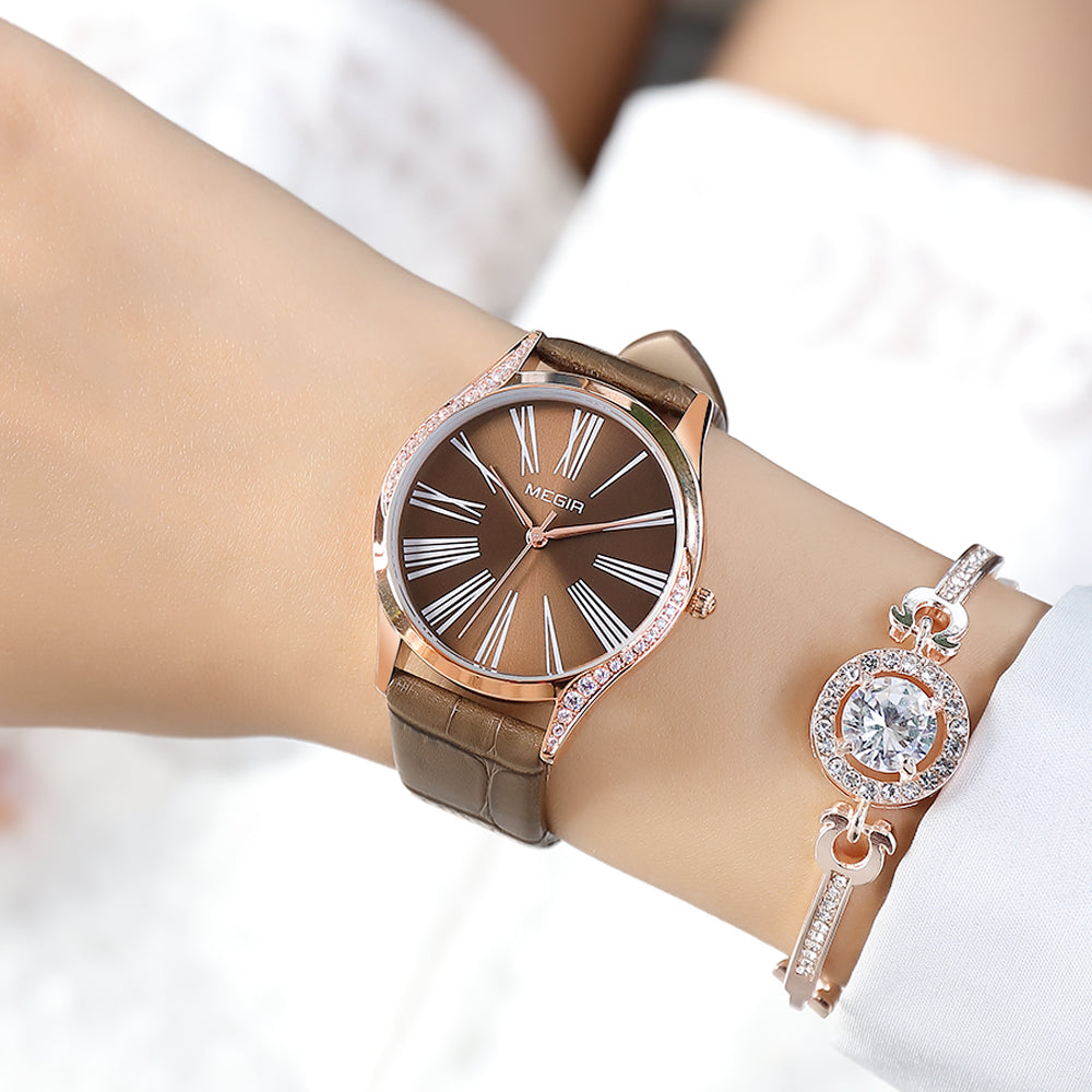 Rhinestone Leather Bracelet Quartz Watch | Aurevon Watches