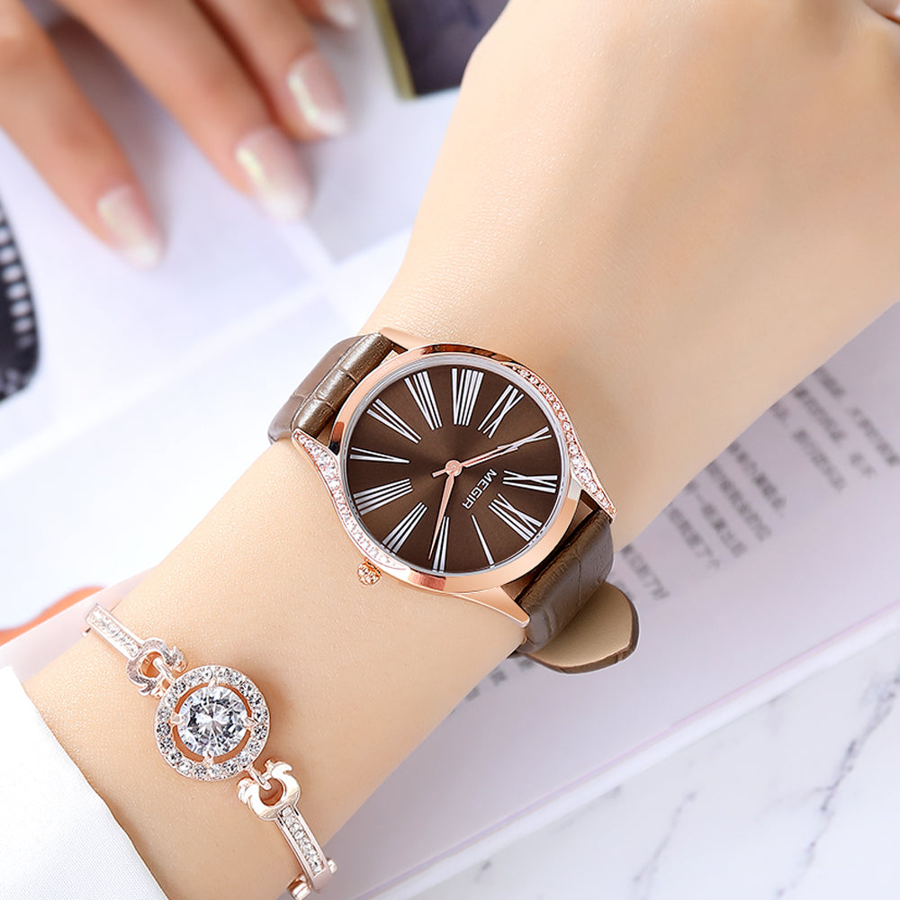 Rhinestone Leather Bracelet Quartz Watch | Aurevon Watches